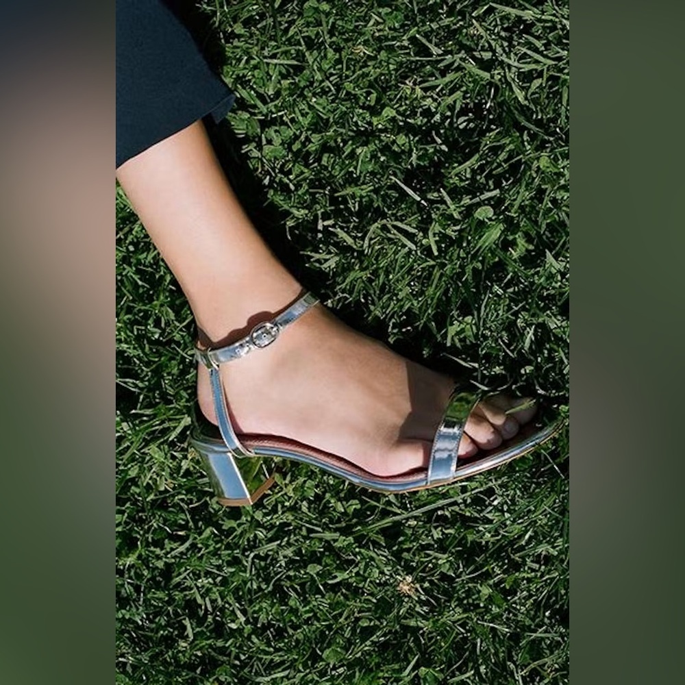 Mansur Gavriel Silver Leather Ankle Strap Heel Sandals Metallic size 9.5